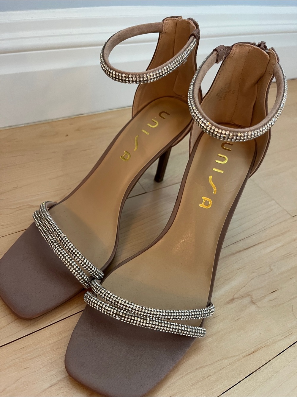 Unisa Taupe Rhinestone Ankle-Strap Heels